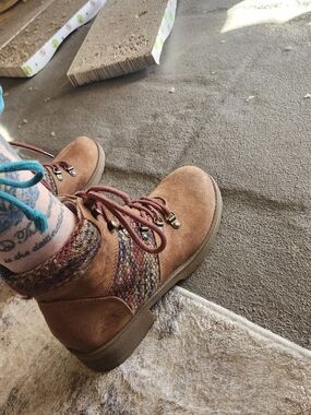 Mossimo Supply Co. Tan Suede Lace-Up Ankle Boots with Multicolor Knit Panels